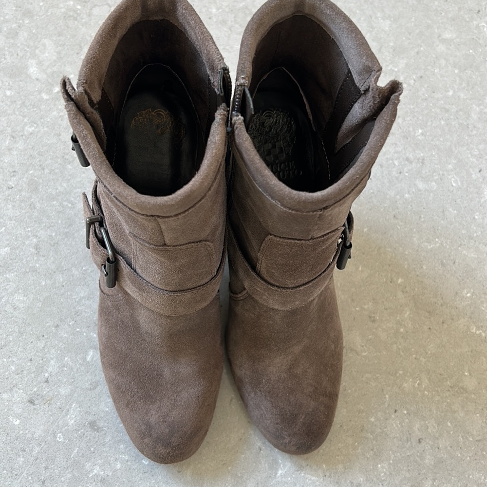 Vince Camuto "Simlee" Soft Tan Suede Leather Buckle Detail Side Zip Ankle Boots - Picture 10 of 16